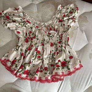 Maeve Floral Peasant Top - Red and Green